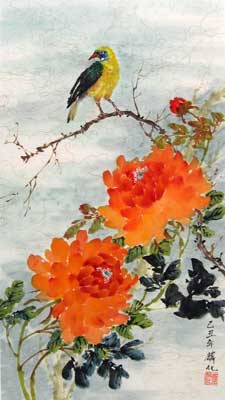 Bird with Orange Peonies