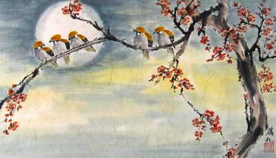 Birds with cherry Blossoms & Moon
