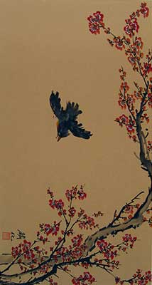 Flying Bird around Cherry Blossoms
