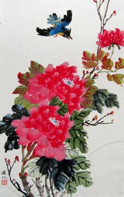 Bird with Red Peonies