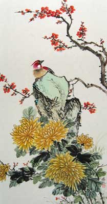 Bird with Cherry Blossoms & Yellow Chrysanthemum